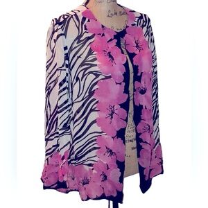 Laura Ashley Pink Black Floral Beaded Silk Sheer Kimono Blouse Women Size 2X